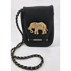 Vintage 90s Nima Golden Elephant Handbag Crossbody Small Black Shoulder Bag
